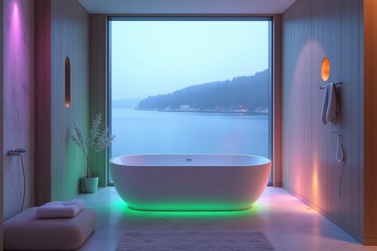 Aurora Værelse med stemningsfuld belysning og badekar